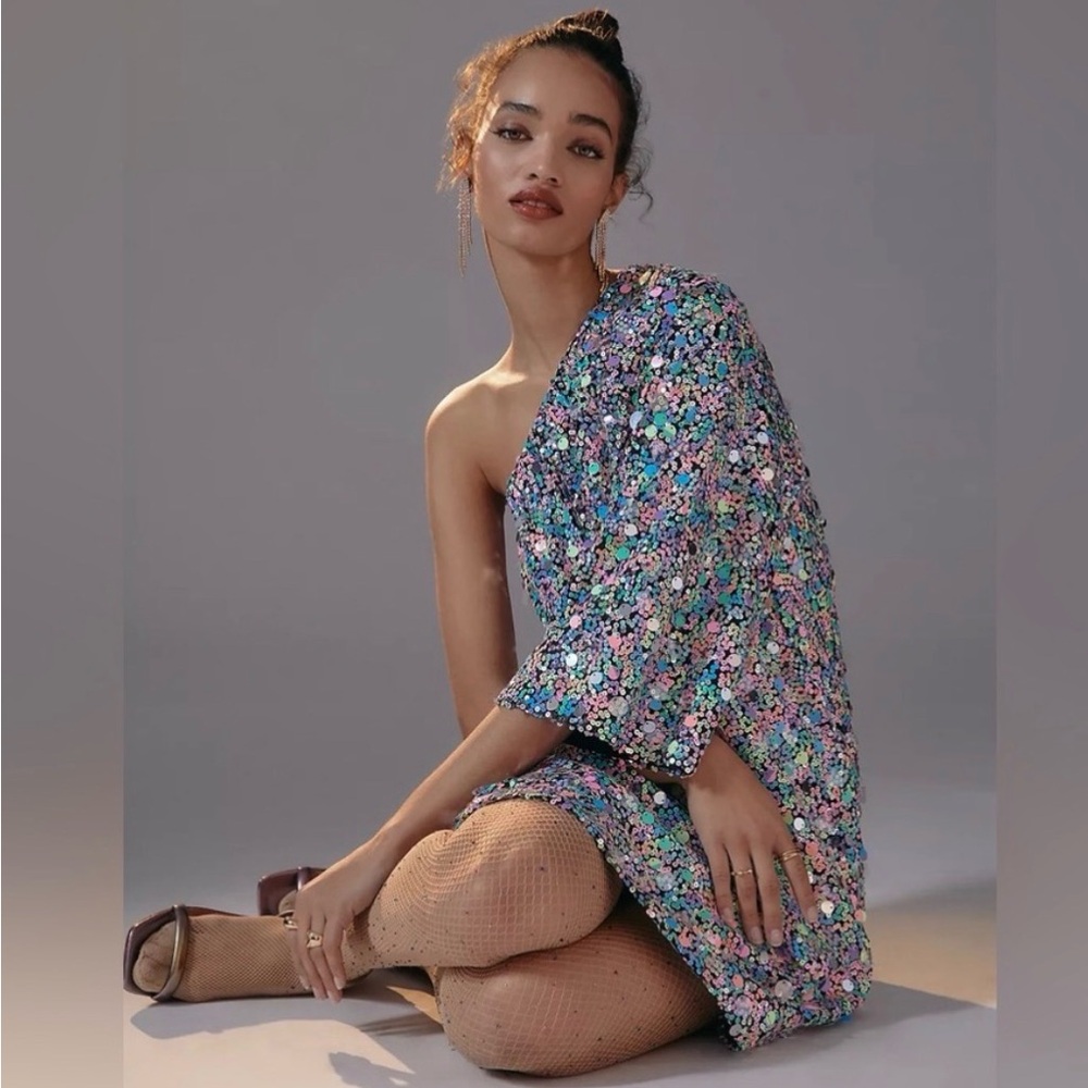 Stella Nova Anthropologie Sequin Embellished One-Shoulder Dress Pink Blue Large